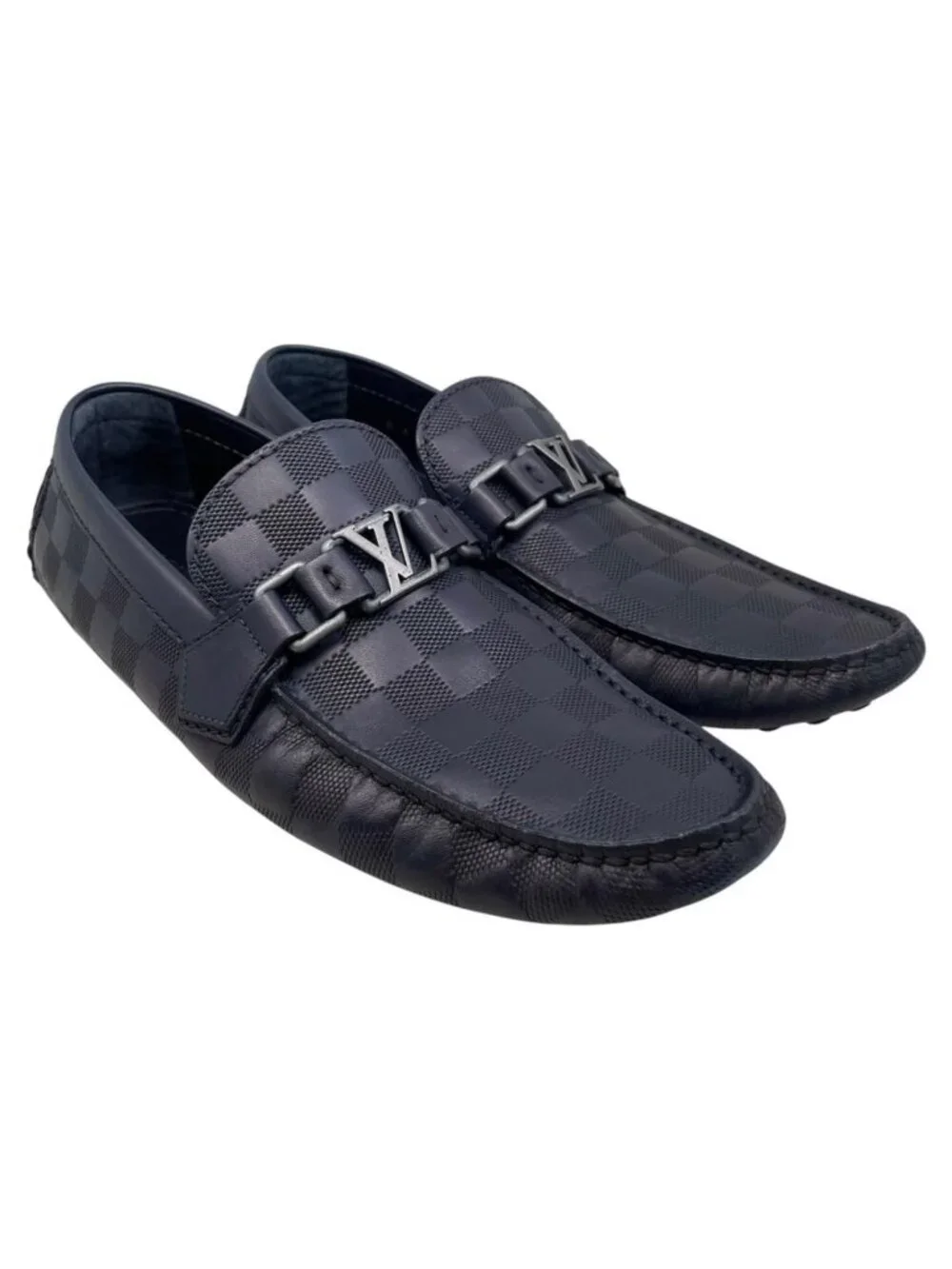 Louis Vuitton Loafers Hockenheim Line Driving Shoes 6 Damier LV Logo Navy